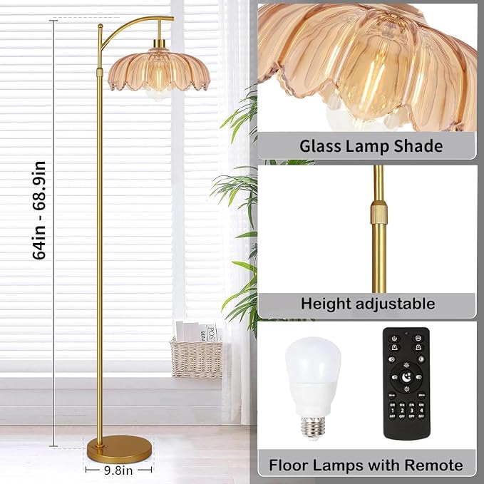 ILLMTW Gold Floor Lamp for Living Room,Bedroom,Mid Century Modern Standing Lamp with Remote,Dimmable Brass Tall Lamp Amber Glass Vintage Retro Arc Floor Lamps Flower Floor Light Boho Bohemian