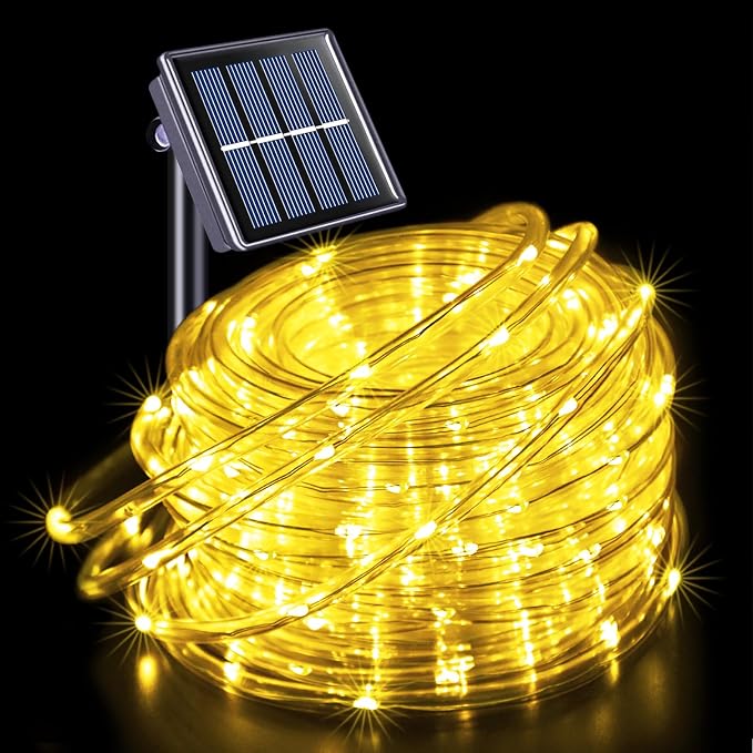 JMEXSUSS 100 LED 33ft Solar Rope Lights Outdoor Waterproof | Warm White, IP65 Waterproof, Trampoline Lights with 8 Modes, for Camping Tent Road Fence Christmas Porch Decor