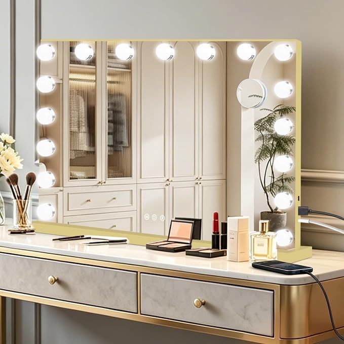 Ratsamee Gold Hollywood Vanity Mirror with Lights, 17 Dimmable Bulbs, 3 Color Lights,Make Up Lighted Mirror, Aluminum Metal Frame, USB Charging Port（28" x 20"）