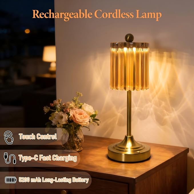Small Vintage Cordless Table Lamp (Amber-01, 2 Pack) | 3-Color Dimmable Touch Control Small Desk Lamp for Bedroom,Office,Kitchen,Nightstand,Living Room,Home Decor
