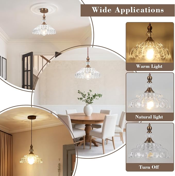 9.8" Small Vintage Pendant Lights for Kitchen Island | Brass Gold Hanging Pendant Lighting Fixture, Petal-shaped, for Dining Room Hallway Bedroom