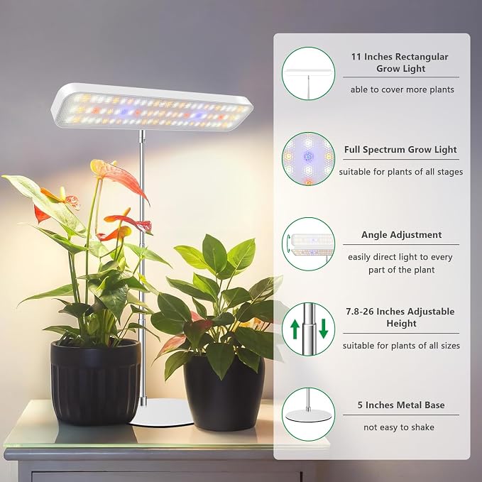 Aumtrly Plant Light White 2 Pack, Desk LED Grow Lights for Indoor Plants | Freestanding Base, 26" Adjustable Height, 6/12/16H Auto Timer, 5 Brightness Levels, Full Spectrum for Seedlings & Plants
