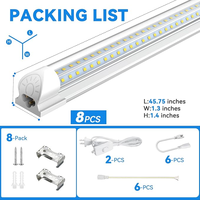 CNSUNWAY 4FT LED Shop Lights, 50W 7500LM D Shape, ETL Listed 8 Pack | 6500K Daylight White, plug-and-play T8 integrated design with clear cover and linkable setup for garages and workshops.
