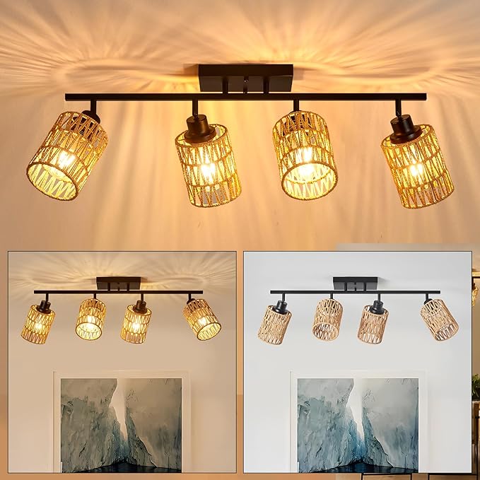 4 Light E26 Track Lighting Fixtures Ceiling Rattan Farmhouse Boho Ceiling Track Lighting, Directional Rotatable Modern Track Ceiling Light Fixtures for Kitchen Bedroom Hallway Porch Foyer