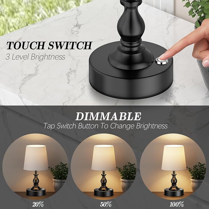 Mini Cordless LED Table Lamp, 5200mAh Rechargeable Battery Operated Lamp, 3-Level Brightness, Touch Dimmable Desk Lamp, Bedside Night Light for Patio Camping Restaurant Home, Matte Black