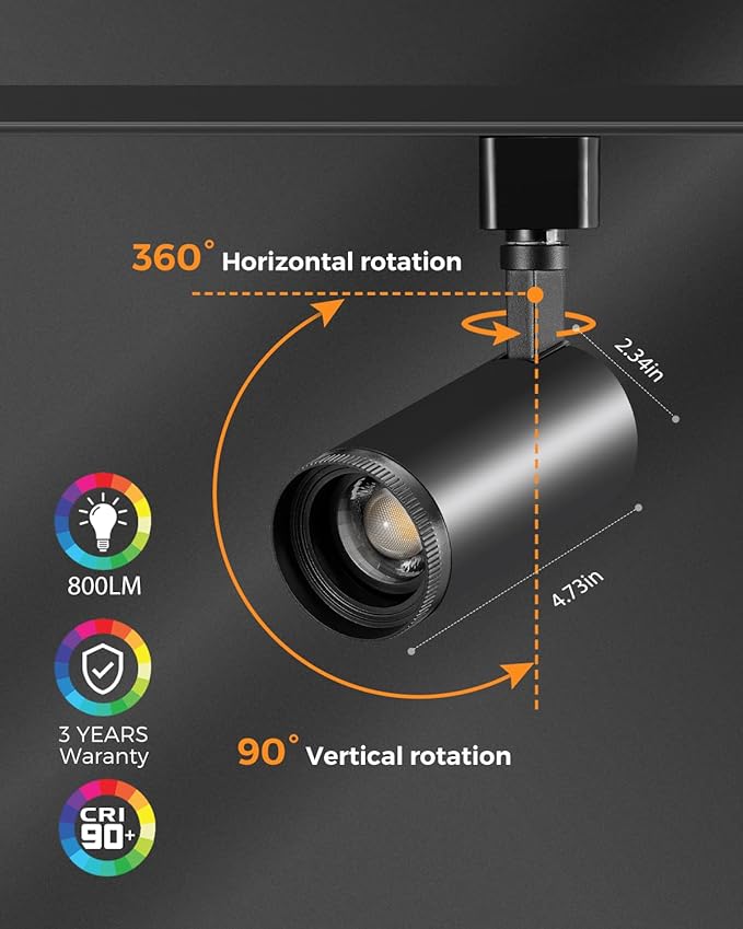 VANoopee 3-Color Zoomable J Type Track Lighting Heads 10W for Juno Rail - Bright LED Track Light Heads Fixtures 3000K 4000K 5000K Ceiling Spot Accent Light, No Flicker CRI90+ 15-55° 800lm Black 4 Pack
