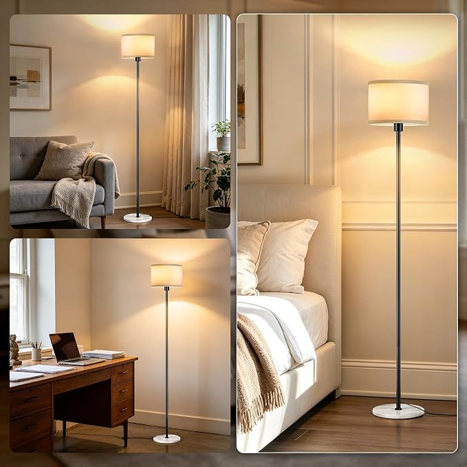 63" Black Floor Lamps for Living Room, Standing Lamp with Marble Base | Tall Pole Light with White Linen Shade, Modern Floor Lamp for Bedroom Reading Office Corner Nursery, Bulb Included