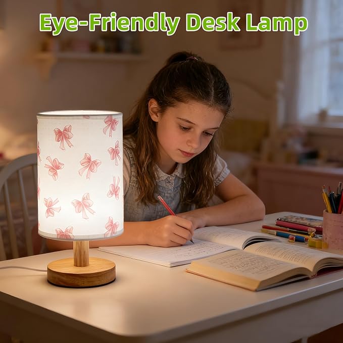 Pink Bow Bedside Table Lamp for Bedroom,Kids Room Decorative Lights 3 Colors Dimmable Nightstand Night Light with Flaxen Fabric Shade Desk Lamp for Girls Boys Birthday Gifts for Home Living room Decor