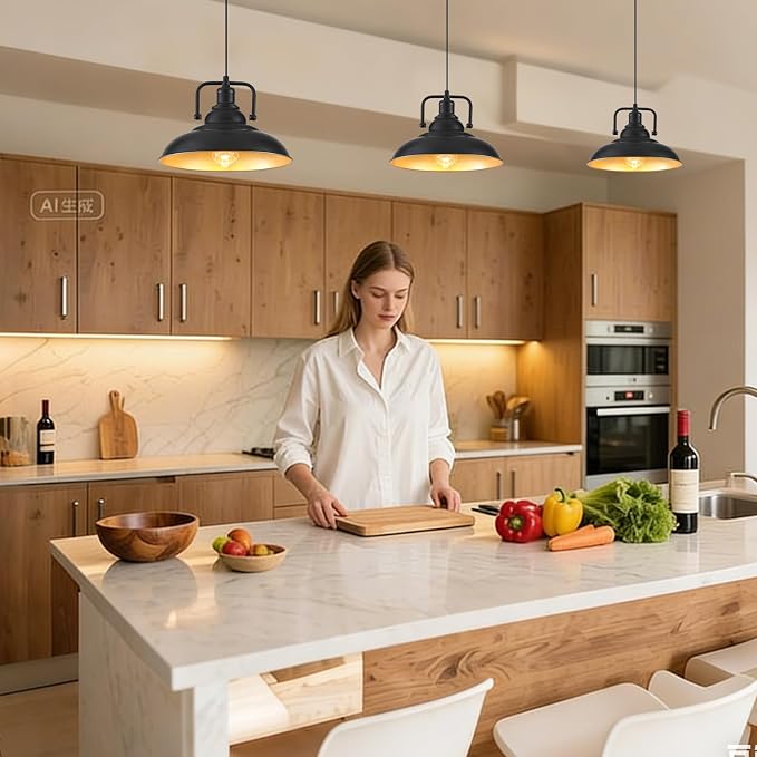 Black and Gold Pendant Light 12.5 inches 3 Packs, Farmhouse Pendant Light, Island Pendant Lights, Kitchen Island Pendant Lights, Pendant Lights Kitchen Island for Bedroom, Kitchen, Island