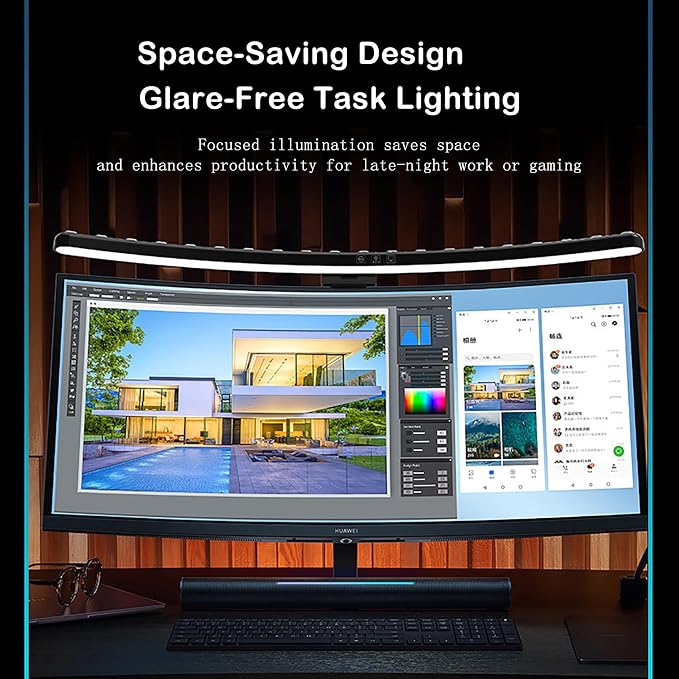 Curved Screen Light Bar Pro – RGB Music-Synced Ambient Lighting for 24”+ Monitors, Anti-Glare Desk Lamp with Touch Control, Stepless Dimming & Heavy-Duty Clamp