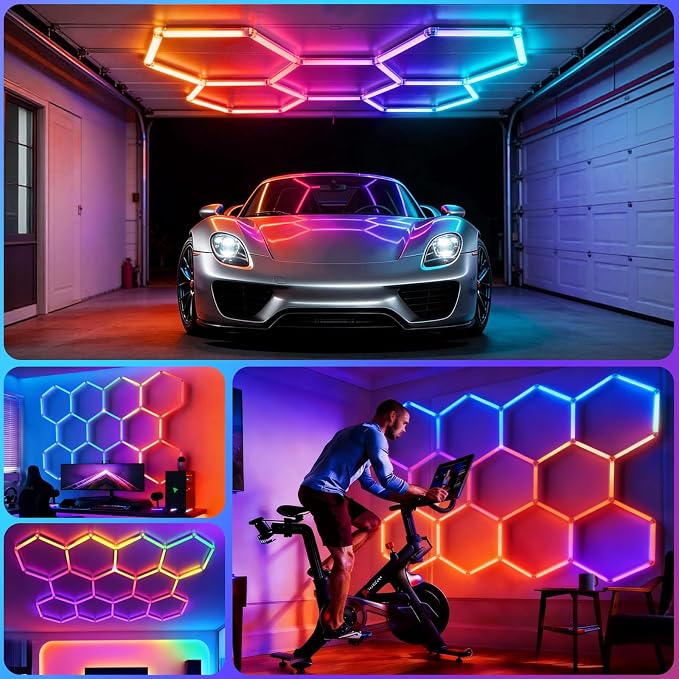 HYPERLITE Hexagon Garage Lights: Gen IV-11 Grid RGB Hexagon LED Lights with Music Sync Mode, App & Remote Control, Multi-Color Honeycomb Light for Gaming Room, Gym, Garage