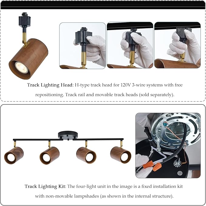 Modern 4-Light Track Lighting Kit Fixture, Adjustable Matte Black Finish and Real Dark Wood Lampshade Ceiling Light, Brass Swivel Item Kit, for Living Room, Kitchen, Artwork