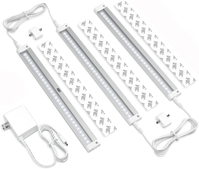 EShine Hand Wave Activated Under Cabinet LED Lighting Kit, Dimmable, 3-Pack 12 in - Touchless Dimming Control, White Under Counter Lights for Kitchen, Garage, Office, Desk - Cool White (6000K)