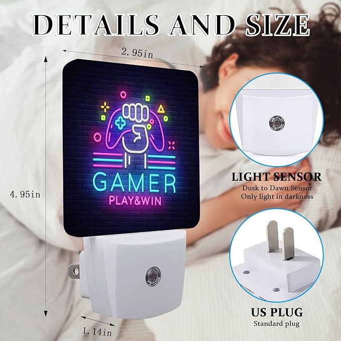 Gamer Game Night Light, Plug-into Wall Game Play Win Nightlight Lamp with Dusk to Dawn Sensor, Led Lamp 0.5W Energy Efficient for Boys Girls Adults Home Decor
