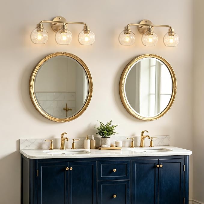 Bathroom Light Fixtures Gold Vanity Light 3 Light Brushed Brass | Wall Sconces Lighting with Seeded Globe Glass Shades Bath Wall Lamp for Mirror Kitchen Living Room Bedroom Hallway