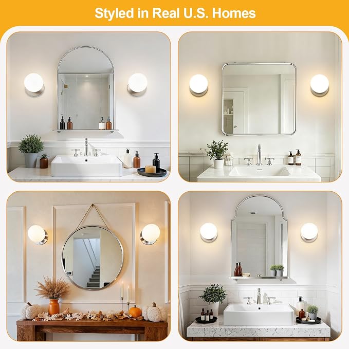 2 Pack Modern Brushed Nickel Wall Light Fixtures, Mid-Century Globe Glass Wall Sconces Set of Two for Bathroom Mirror, Living Room, Hallway, Entryway (Bulbs Not Included)