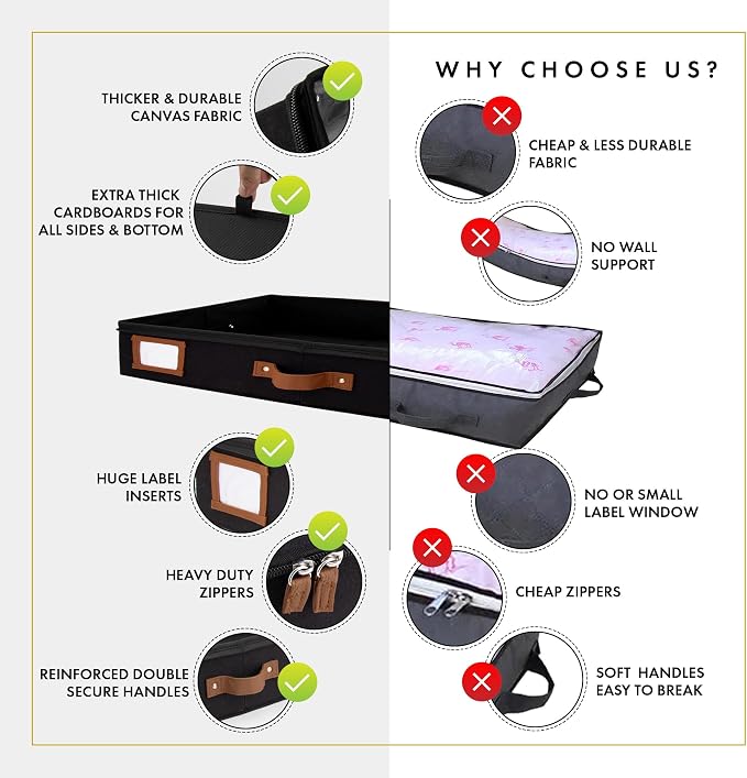 Under Bed Storage, Low Profile 2pc with Lid, Black | Slim fit for low-clearance beds & couches, Fits seasonal clothes, blankets & shoes, Bins with lids, Space-saving storage
