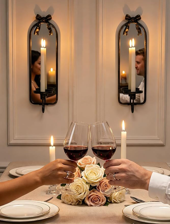 Mirror Wall Candle Sconces Set of 2: Black Metal Frame with Bow | Arched Wall Candle Holder, Detachable Bow, for Taper or Pillar Candles, for Fireplace, Hallway and Bedroom