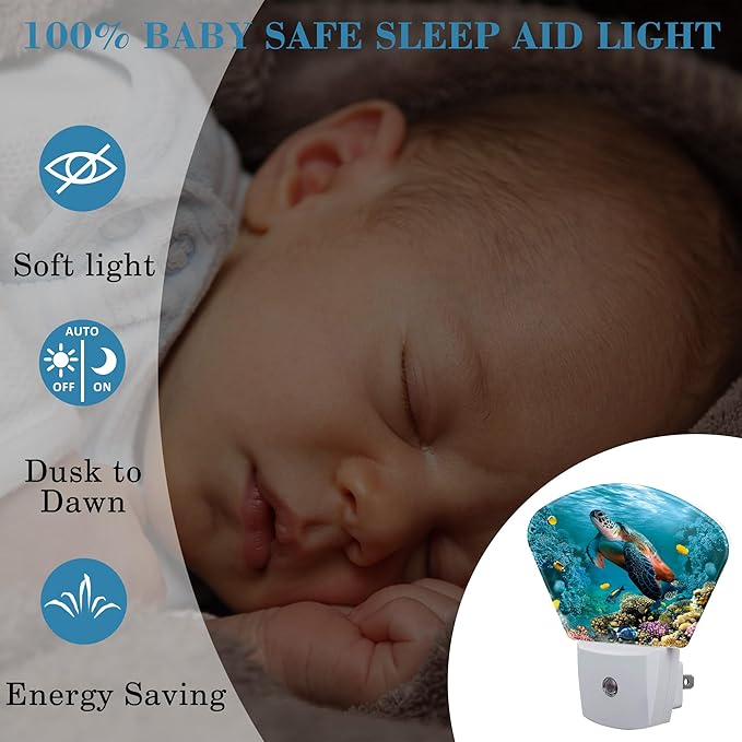 Sea Coral Turtle Underwater World Night Light for Kids Girls Boys, Sea Turtle LED Night Light Plug into Wall with Dusk to Dawn Sensor for Bedroom, Hallway, Kitchen, Bathroom, Stairs Decor