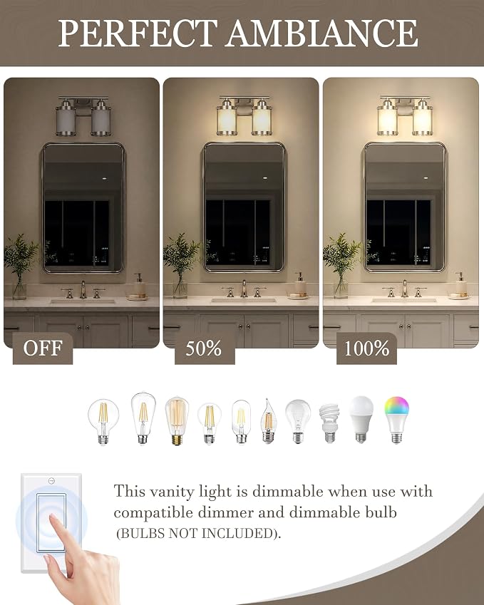 2-Light Brushed Nickel Bathroom Light Fixtures with Milk White Frosted Glass, 13.2" UL-Listed Modern Wall Sconce Over Mirror with Metal Cage for Bath, Hardwire E26, OS-3014BNW-2W