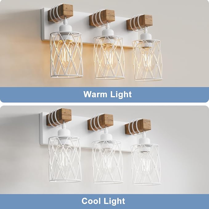 IZORRO Farmhouse Bathroom Vanity Light, 3-Light Wood Bathroom Light Fixtures Over Mirror, Matte White Industrial Vanity Lights with Metal Shade, Rustic Restroom Lighting Fixtures