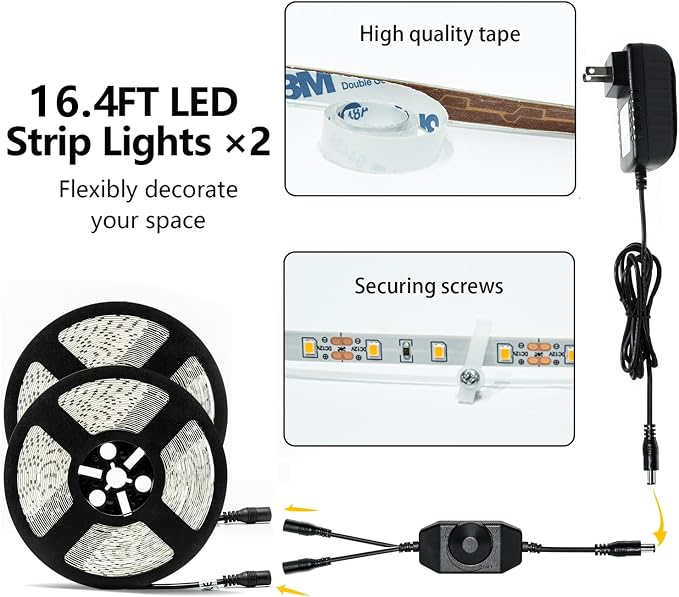 LED Strip Lights 33ft Dimmable 3000K Bright Warm White Strip Lighting, 10M 600 LEDs 2835 Flexible Ribbon Light 12V LEDs Tape LED Lights for Bedroom Kitchen Home Decoration