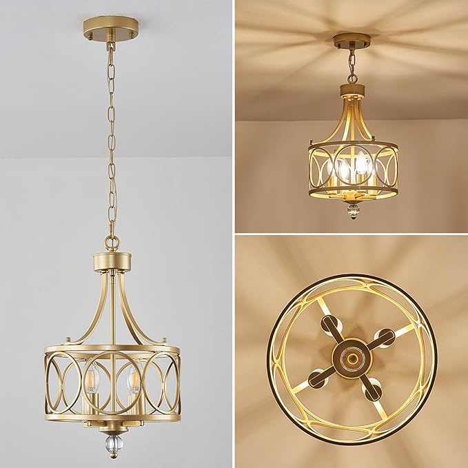 Gold Chandelier,11.2in Farmhouse Lantern Pendant Light Fixture,Adjustable Hanging Ceiling Lamp,for Kitchen Island,Bedroom,Entryway,Dining Room