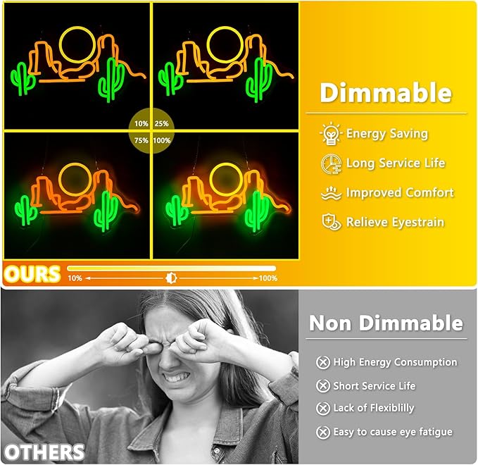 Cactus Mountain Neon Sign, Sunset Neon Signs for Wall Decor, Dimmable Led Signs for Bedroom, Western Landscape Light Up Signs for Bar Kids Room Man Cave Game Room Gaming Wall Birthday Gift