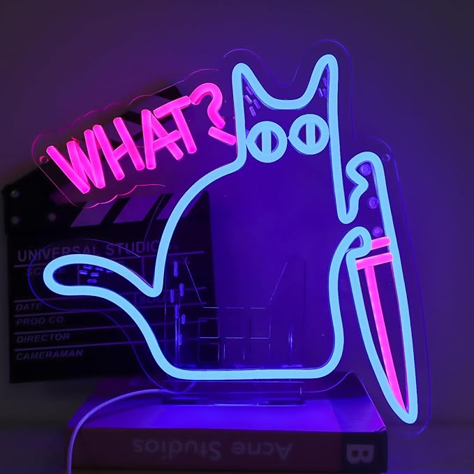 Cat What Neon Sign,Cat Room Decor Sign, Funny Black Cat Murderous Cat With Knife Night Light, For Bedroom Living Room Door Bathroom College Dorm Decor Birthday Christmas Gift