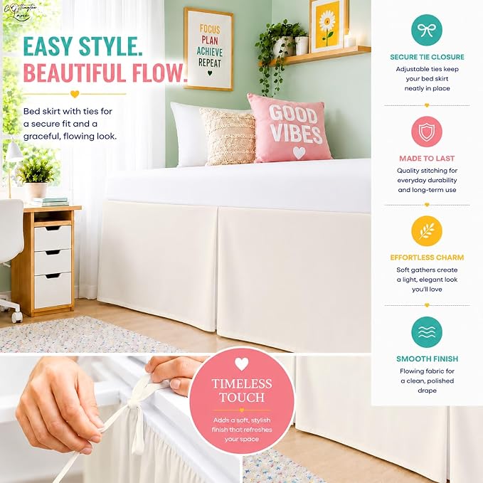 Cottington Lane Tailored Box Pleated College Dorm Bed Skirt Twin XL, Hotel Quality Premium Brushed Microfiber Extra Long Bedskirt Twin XL 42 Inch Drop, Ivory Dorm Bedding