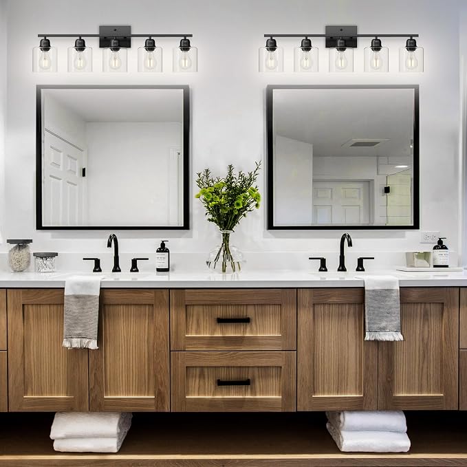 Modern 5 Light Bathroom Vanity Light, 31 inch Black Bathroom Lights Fixtures, Vanity Lights with Clear Glass for Mirror Kitchen Living Room Hallway Cabinet Porch