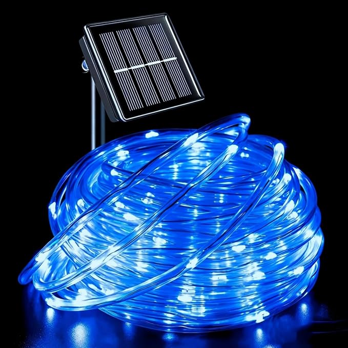 QITONG Blue Solar Rope Lights, 66ft 200 LED String Lights Outdoor, Fairy Lights in Clear Thin Tube with 8 Modes