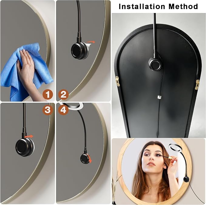 Suction Cup Makeup Lights for Full Length Mirror, Flexible Gooseneck Vanity Lights Stick on, Led Selfie Ring Light for Makeup Vanity Table & Bathroom Mirror, 3 Color & 10 Brightness, Plug in, Black