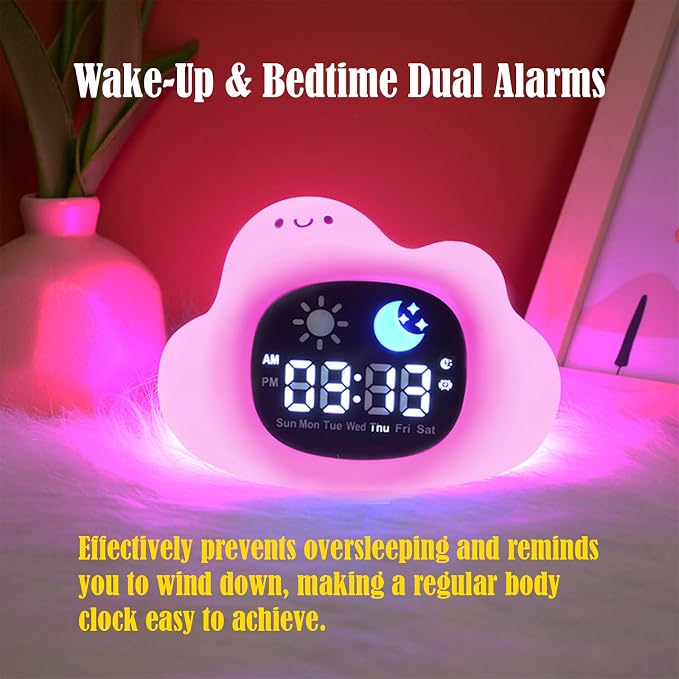 Bear Cartoon Ok to Wake Alarm Clock, White Noise Tap Night Light for Room | 6 White Noise Sounds, 8 Light Modes, Dual Alarm & Snooze, Dimmable LED, Type-C Rechargeable, 12/24 Hour Display