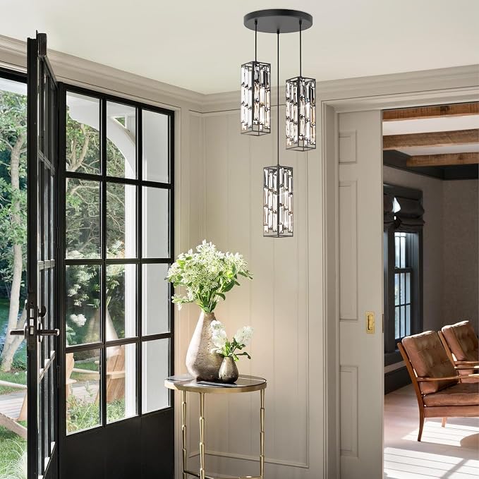 Modern 3-Light Crystal Pendant Light Fixture Kitchen Island, Black | Mini Crystal Chandeliers, Height Adjustable Cord, Ceiling Hanging Lighting for Kitchen Island Dining Room Bedroom