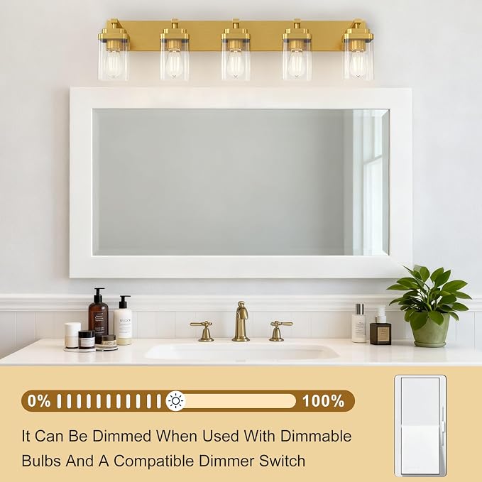Brushed Gold Bathroom Light Fixtures, 5 Lights Bathroom Lighting Fixtures Over Mirror, Square Design & Rectangle Large Backplate, Modern Vanity Lighting Fixtures, for Living Room/Bedroom