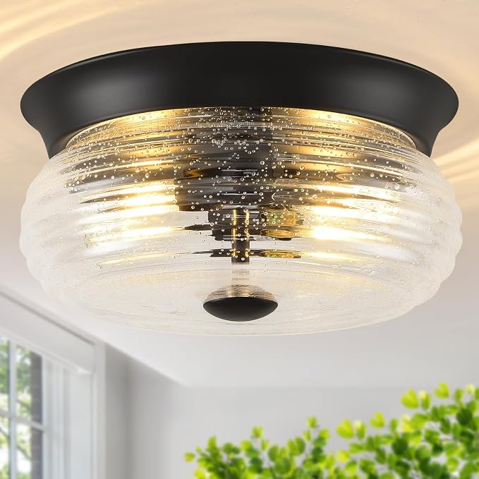 Black Flush Mount Ceiling Light Fixtures, 2-Light Ceiling Mount for Modern with Clear Air Bubble Glass Shade, Industrial Flush Mount Light Fixture Farmhouse for Hallway Kitchen Bedroom Foyer Entryway