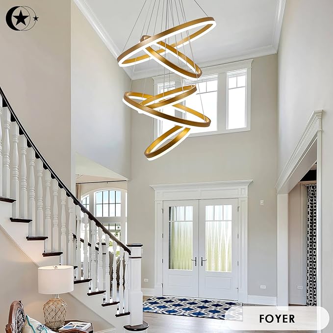 5-Rings Modern LED Chandelier Gold Dimmable High Ceiling Chandelier for Dining Room with Remote Control for Foyer Living Room Entryway Staircase(D23.6’’, 3000K-6500K)