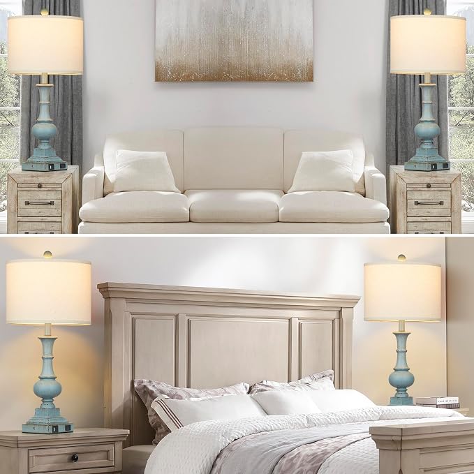 26" Farmhouse Table Lamps Set of 2, Rustic Touch Control Bedside Lamps with 2 USB Ports & AC Outlet, Vintage Resin 3-Way Dimmable Nightstand Lamp Linen Fabric Shade for Living Room Bedroom Decor Blue