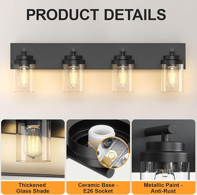 IZORRO Bathroom Vanity Light Fixture, 4-Light 30 Inch Matte Black Bathroom Light Fixtures Over Mirror, with Clear Glass Shade, Modern Farmhouse Vanity Lights, Rustic Restroom Lighting Fixtures