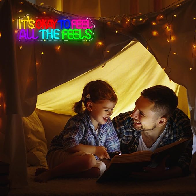 It's Okay To Feel All The Feels Neon Sign LED Wall Sign for Classroom Decor, Dimmable USB Powered Therapy Room Art Bedroom Classroom Backdrop Sign Gift for Teacher 15.7x5.5 Inch