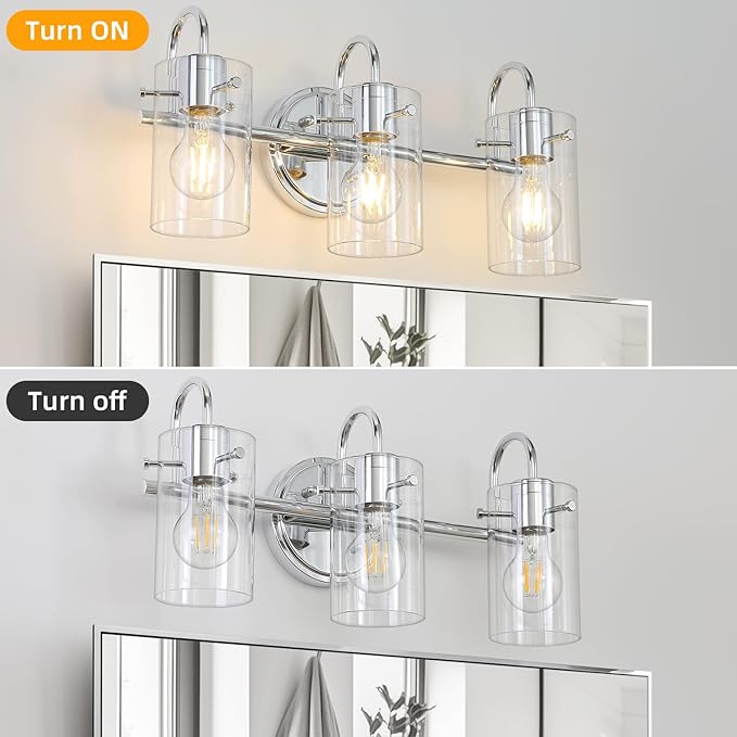 3 Lights Vanity Light, Polished Chrome Bathroom Wall Light Fixture Over Mirror, Modern Wall Sconce with Clear Glass Shade, Farmhouse Mount Lamp for Washroom, Living Room, Workshop