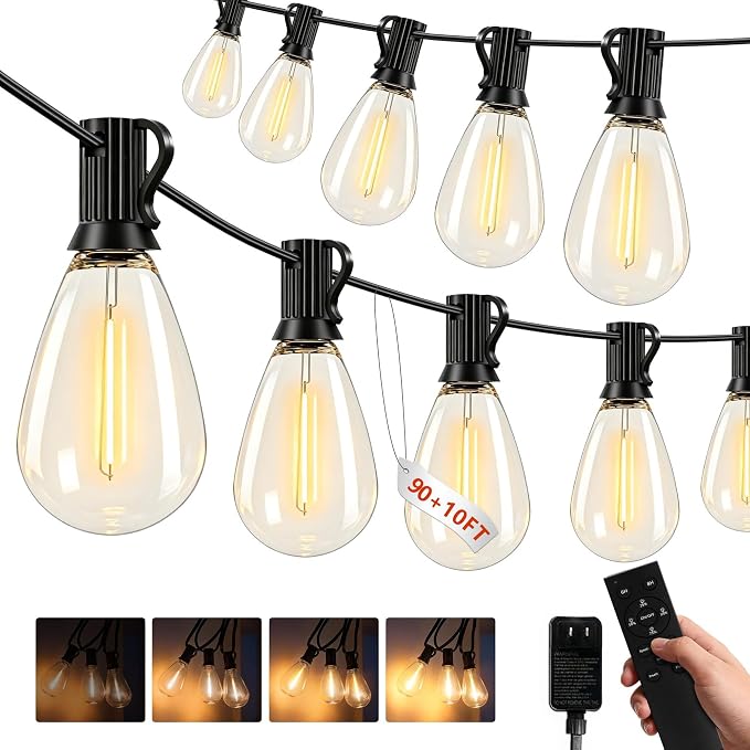 100(90+10)FT Outdoor String Lights, 30m Waterproof Remote LED Patio Lights with 39+2 S11 Bulbs, Dimmable Outside Hanging Lights for House, Porch,Yard,Garden,Connectable Plug-in Gazebo Lighting