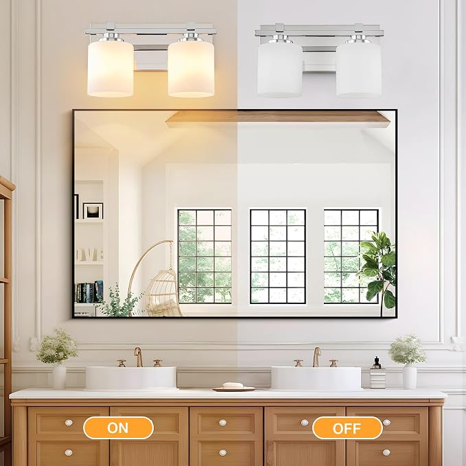 Modern Bathroom Light Fixtures Over Mirror, Vanity Lights for Bathroom Wall Sconces with Milky White Glass Shades, E26 Socket (Bulbs Not Included), 2 Light, Chrome