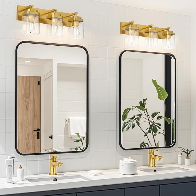 Brushed Gold Bathroom Light Fixtures, 3 Lights Bathroom Lighting Fixtures Over Mirror, Square Design & Rectangle Large Backplate, Modern Vanity Lighting Fixtures, for Living Room/Bedroom