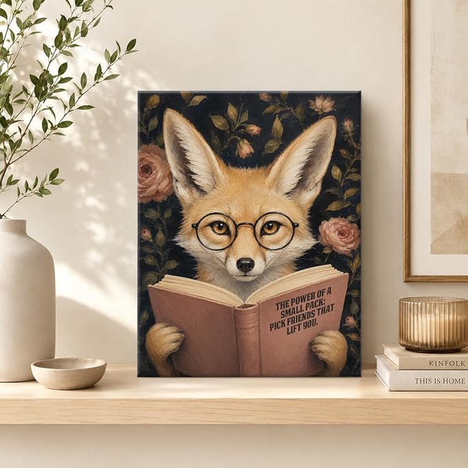 NSFBESSLIA Funny Coyote Reading BooK Painting, Whimsical Vintage Animal Decor, The Power Of A Small Pack, Cottagecore Wall Art for Living Room Bedroom Entryway, 8x10 Inch
