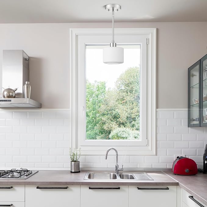 Brushed Nickel Pendant Lights Kitchen Island, 1-Light Modern Milk Glass Hanging Light Fixtures with Rods, Mini Kitchen Pendant Lighting Over Island for Sink Bathroom, OS-YQ8153-1PBN