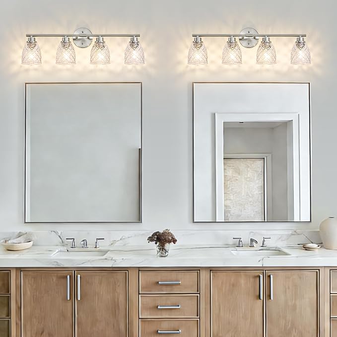 4-Light Vanity Light Over Mirror, Brushed Nickel Bathroom Light Fixtures | Modern Farmhouse Wall Sconces with Hammered Glass Lampshade for Kitchen Hallway Bedroom Living Room Cabinet Porch-27.5IN