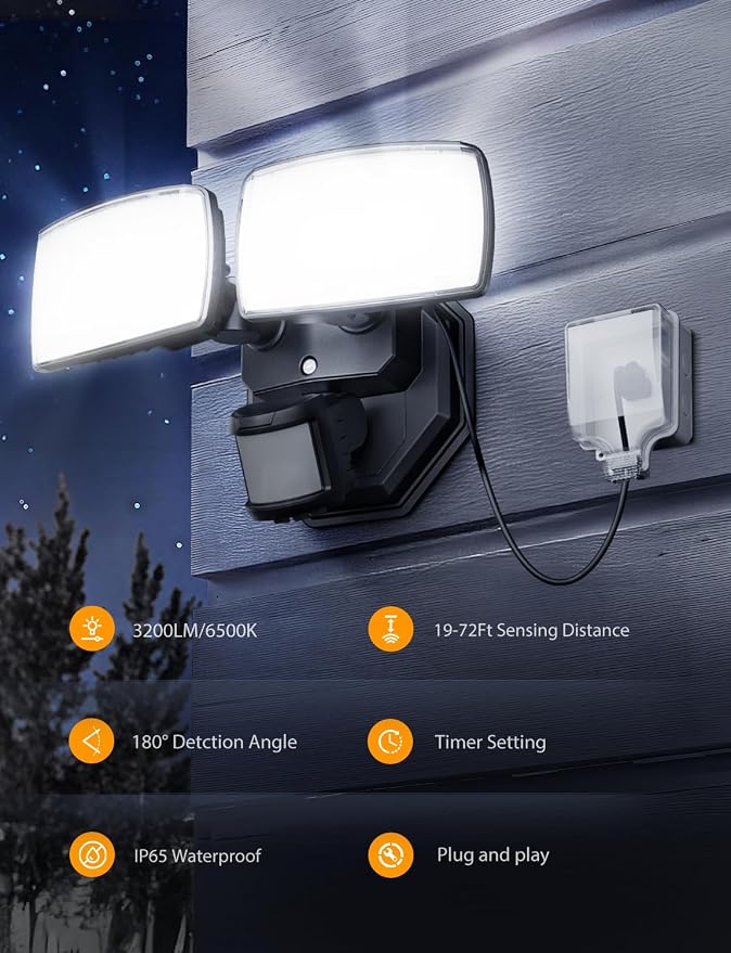 Onforu 32W Plug in Motion Sensor Lights Outdoor, 3200LM Motion Flood Light Dusk to Dawn, IP65 Waterproof Led Security Light Outside, 2 Heads Motion Activated Wall Light for Garage, Porch, Yard - Black