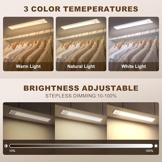 12 inch Under Cabinet Lighting 4 Pack, Wireless Motion Sensor LED Closet Light with Remote, USB-C Rechargeable, 3 Color Temperatures, Magnetic Mount for Kitchen Pantry Wardrobe Counter